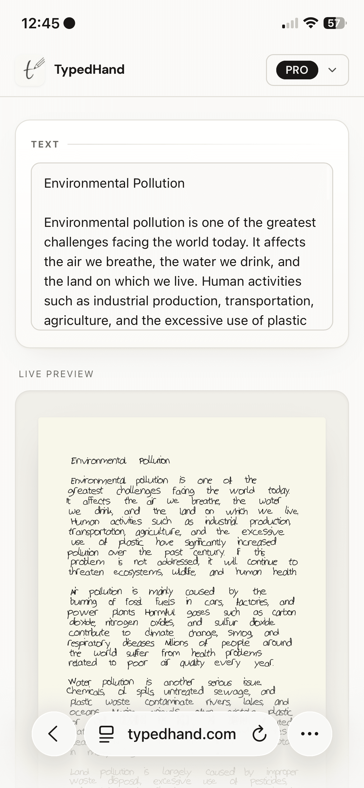 What exporting looks like in TypedHand: type text, see it live in your own handwriting, export as a PDF.