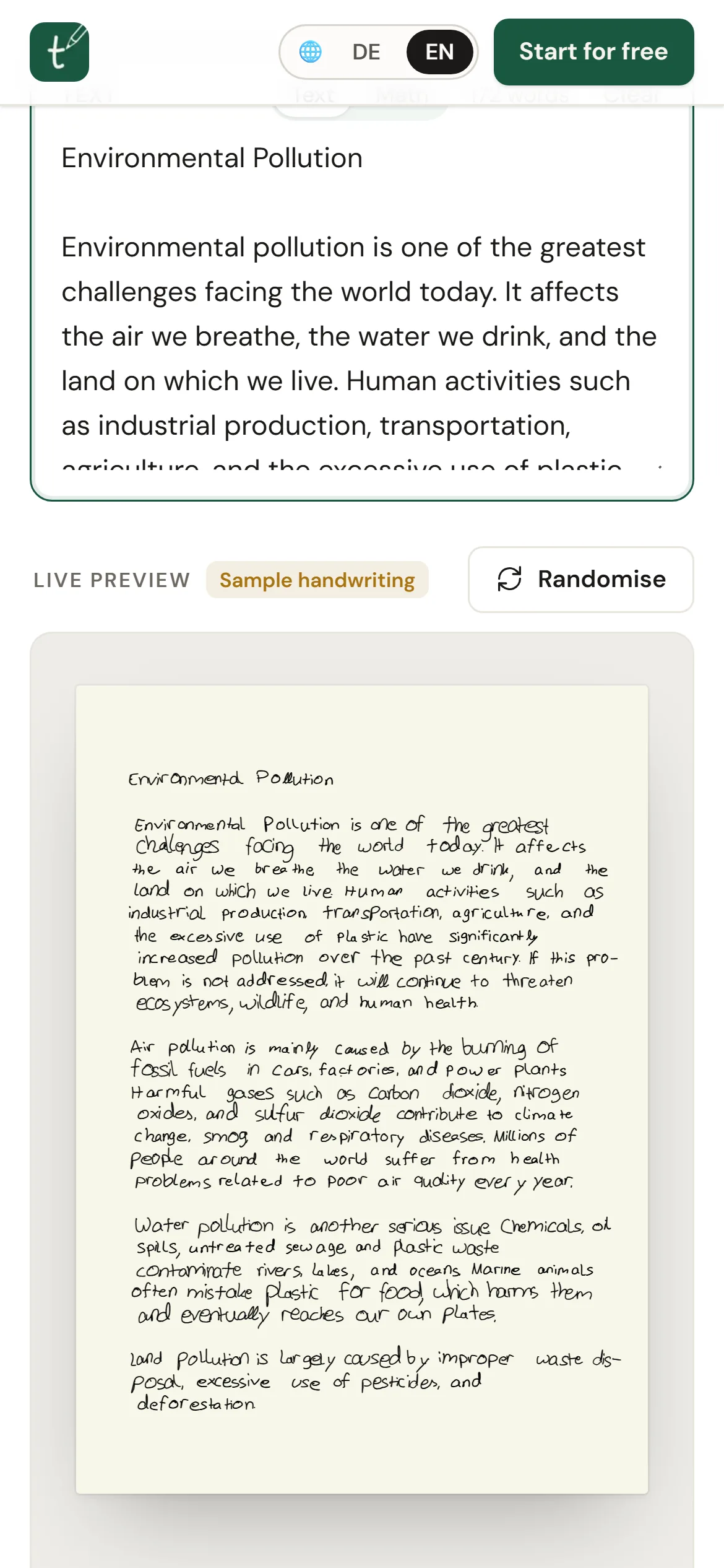 So sieht der Export bei TypedHand aus: Text tippen, live in der eigenen Handschrift sehen, als PDF exportieren.