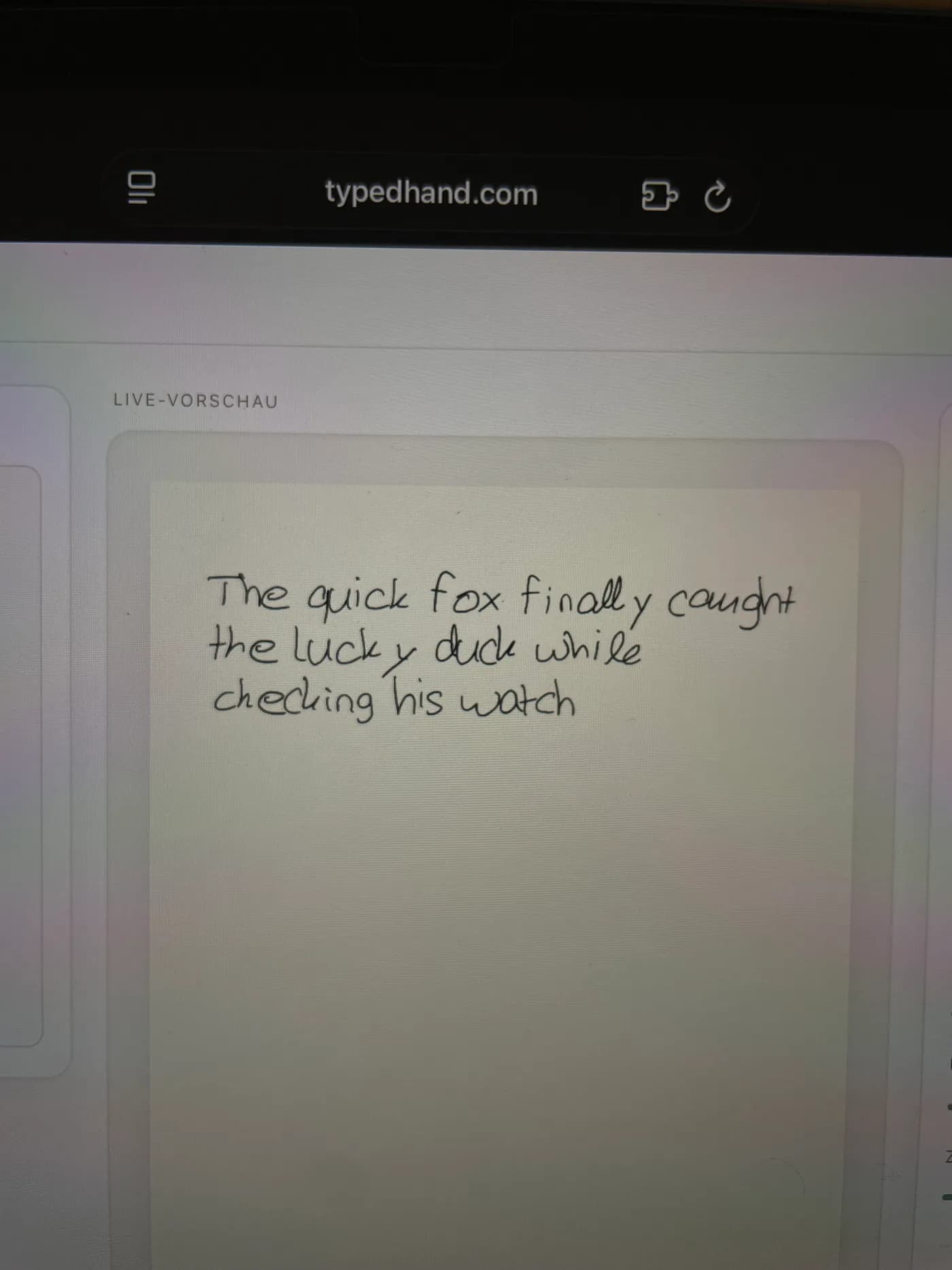 Live preview in the TypedHand editor: a typed sentence in the user's own handwriting.
